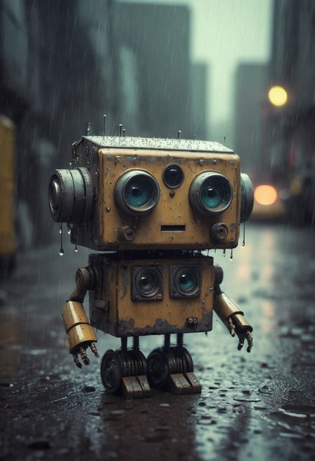 Small robot, cute robot, rectangular body, treaded wheels, compact head, expressive binocular-like eyes, sad and curious appearance, heartbreaking, cute, heavy rain, very sad, lonely, lost place, cyberpunk, desaturated, vibrant colors, dramatic lighting, desaturated background, bokeh, dark theme, soothing tones, depth of field, dramatic backlighting, film grain,