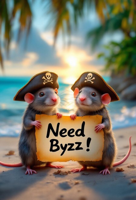A rats in  pirate hats on a tropical beach, one holding paint old paper vith lettering "Need Byzz ", the ocean behind them glowing in soft blue hues under the setting sun, hyper realistic textures, playful and cinematic.