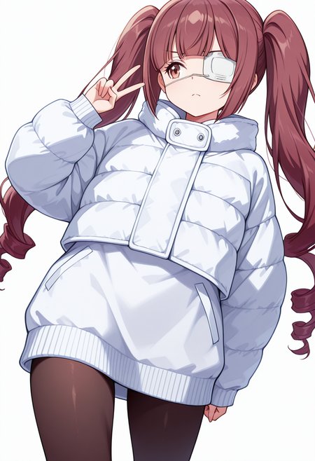 Smooth Quality,masterpiece,very intricate, high quality details, ultra realistic, high detailed skin,detailed enviorement,absurdres,
inward v,
 <lora:Hanazono_Yurine_CNR:0.8> yurine_cnr, brown hair,very long hair, brown eyes, medical eyepatch, frown, twintails, drill hair,, simple background, white background, dynamic angle,solo,, lonely,, puffer jacket,  ,oversized sweater, ,pantyhose, ,
