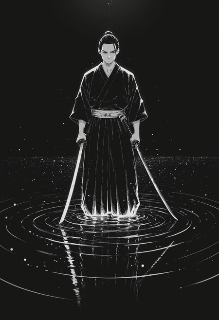 jrka2, greyscale, weapon, sword, solo, 1boy, water, male focus, wading, holding sword, katana, holding, japanese clothes, holding weapon, standing, reflection, ripples, single hair bun, glowing, night, black hair, light particles, dynamic, monochrome, masterpiece, high_resolution, detailed_shading, strong_contrasts, inktober, texture_rendering, material_rendering, hyper_detailed, sharp_focus, refined_edges, professional_render, 4k, latest, , <lora:4272a744-8f0b-45eb-a10e-d02d1b957642:0.9>