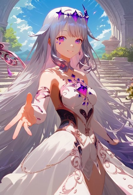 score_9, score_8_up, score_7_up, score_6_up, Expressiveh, ultra detailed, high resolution, absurdres, masterpiece, 
1girl, beautiful, aesthetic, dynamic pose, perfect hands, perfect anatomy, happy, looking at viewer, petite, short, detailed face, beautiful face, detailed eyes, beautiful eyes, 
bijou, long hair, dynamic hair, silver hair, purple highlight, purple eyes, small breast, detailed outfit, embellished outfit, 
beautiful scenery, aesthetic scenery, detailed background,
wide angle,