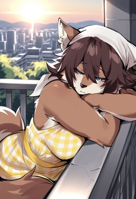 masterpiece, best quality, good quality, very awa, newest, highres, absurdres, highres, very aesthetic, (furry:1.5), fur, fur covered, highly detailed fur, fluffy body fur, (no humans:1.3), KureNaiZ,
BREAK,
1girl, solo, female anthro wolf, wolf ears, wolf tail, fluffy, brown fur, brown hair, short hair, blue eyes, detailed eyes, white headscarf, yellow sundress, gingham, sleeveless, hand on railing, head resting on arm, face focus, closeup, sad ears,
BREAK, 
balcony, stone railing, white railing, summer, sunlit, dreamy, cityscape, afternoon light, chill atmosphere, depth of field, faded color, nature, detailed background, dreamy lighting, contrasting shadows, evocative composition, dynamic contrasts,