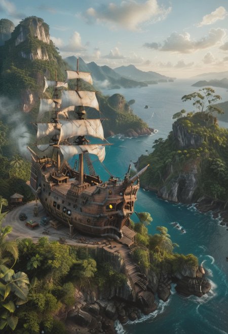 photographic, photorealism, hyper-realistic, portrait shot, a pirate ship, on the edge of a mountain,  jungle to the horizon, morning time, clear sky, cinematic view, dramatic lighting, soft lights, perfect composition, rule of thirds, finest details, maximized details, ultimate detail level, masterpiece, best quality, vibrant colors, advntr, zavy-cnmtc, atmospheric haze, cinematic still, dynamic lighting, movie screencap, moody, film