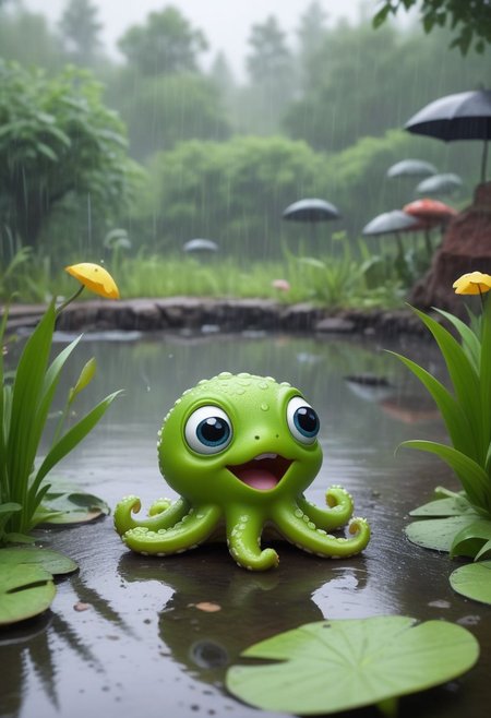 baby octopus, singing near a pond, on a raining day, frogs in the background, in the style of pixar, cuteness overload
