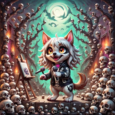 dog girl dressed in an elaborate collection of skulls covering her in a majestic way holding microphone, music studio, painting of cute skulls, pg safe