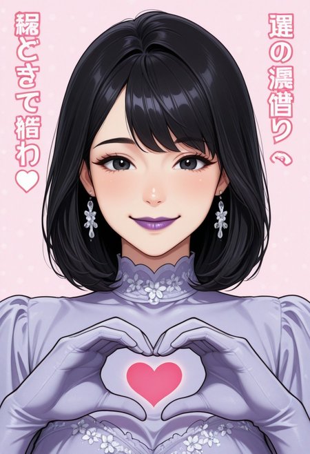 1girl, solo, medium build, medium hair, sfw, safe for work, covered skin, flowy dress, black eyes, purple lipgloss, smiling, portrait, upper body, doujin cover, heart hands, japanese text, gojich