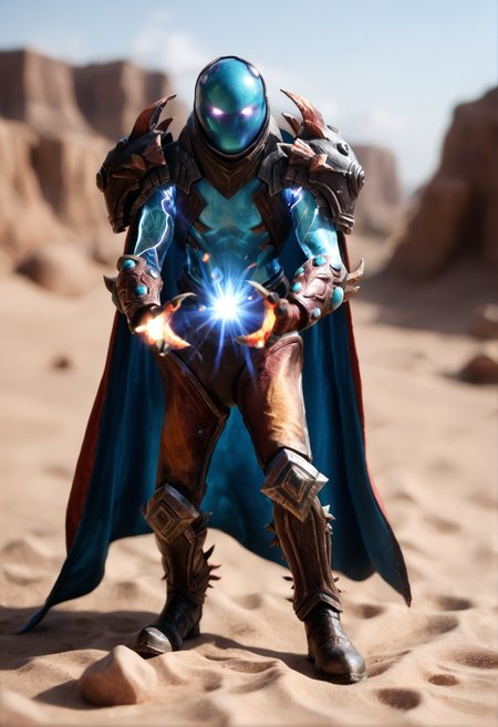<lora:Arc_Warden_v1:1> arc_warden_v1, 
1boy, no humans, 
glowing,  
claws, 
armor, cape, helmet,gloves, shoulder armor, boots, gloves,, score_9, score_8_up, score_7_up, score_6_up, derpibooru_p_95,
detailed eyes, beautiful, detailed background, perfect eyes,
blur censor, blurry, blurry background, blurry foreground, bokeh, motion blur,
chromatic aberration, depth of field, figure, focused,  focus
photography, realistic sun light and shadows, photorealism, UHD --ar 9:16 --style raw --stylize 700,
solo,
A scorching desert with sand dunes and mirages, dynamic pose, dynamic angle, ((An inviting sexy pose)),