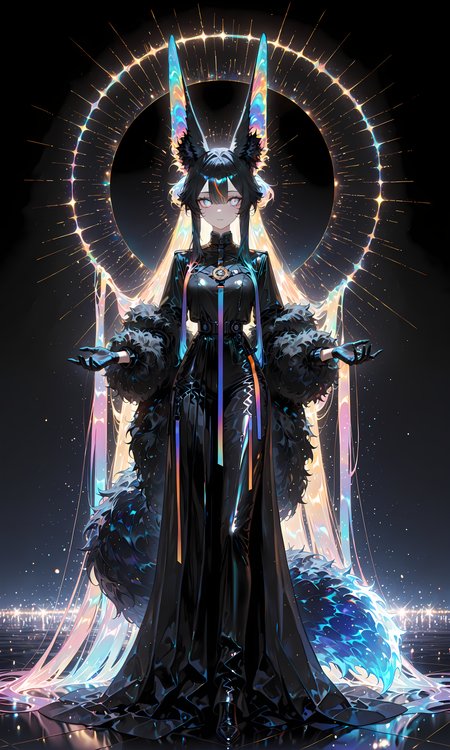 masterpiece, best quality, amazing quality, very aesthetic, absurdres,  newest, volumetric lighting, detailed, detailed background, 1girl, black long dress, gloves, holographic colors, gradient colors, multicolored hair, shiny, long animal ears, fluffy tail, masterpiece, best quality, amazing quality, very aesthetic, absurdres,  newest, volumetric lighting,