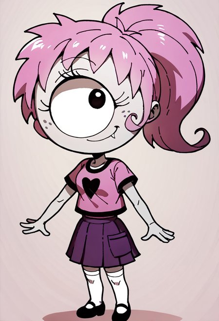 score_9, score_8_up, score_7_up BREAK SimoneP, 1girl, pink hair, ponytail, black eye, one-eyed, cyclops, freckles, fangs, short-sleeve pink shirt, pleated purple skirt, white stockings, black shoes, smiling at viewer, full body,