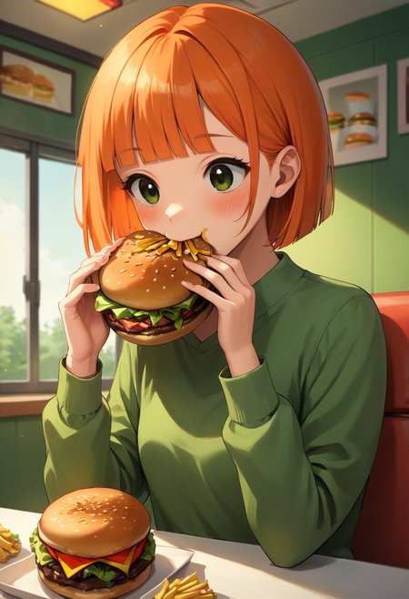 masterpiece,best quality, highly detailed, score_9, score_8_up, score_7_up, score_6_up,<lora:xl_more_art-full_v1:0.8>,source_anime,
BREAK
 <lora:yorumacXL:0.8>yorumac,1girl, burger, food, eating, solo, french fries, blush, orange hair, long sleeves, short hair, bangs, holding food, holding, blunt bangs, green eyes, upper body, sitting