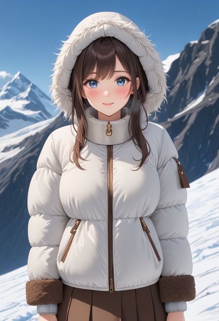 ((((white Oversized shearling down jacket)))), ((((white Oversized shearling puffer jacket)))), ((((white Oversized shearling winter clothes)))), ((((very very cold, in cold)))), ((((semi-realistic)))), ((((puffer hood)))), ((medium knee office skirt, pantyhose, boots)), ((((full body shot)))), ((sharp eyelid, eyeliner, eyelashes, beautiful detailed eyes, tsurime, long messy brown hair, blue eyes, perfect anatomy)), detailed fingers, solo, smile, standing, icefield, ((((masterpiece)))), ((((best quality)))), ((intricate details)), RAW, 8K UHD, (1girl), office lady, detailed face, beautiful face, charming, bonny, (((blush))), (((heavy breathing))), (((feels orgasm))), wind, (Thick padded collar:1.4), (TSH:1.4), (Thick padded cuffs:1.4)