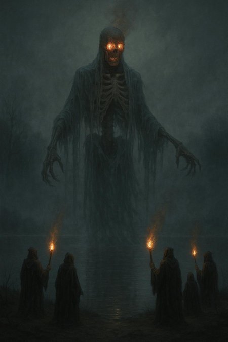 A towering, skeletal figure draped in tattered, translucent robes, its head a hollow, glowing skull with burning eyes, rises from the center of a desolate, mist-shrouded lake, while a group of hooded figures stand on the shore, their torches flickering weakly in the dense fog, casting eerie shadows across the water