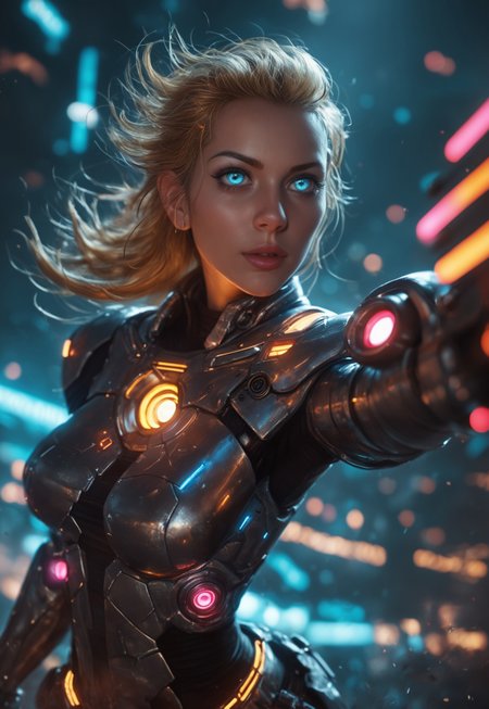 A highly detailed, realistic photo of an incredibly beautiful Caucasian woman standing boldly in a futuristic, cyberpunk cityscape. She has long, wavy golden hair that flows dramatically behind her, and her deep blue eyes gleam with determination and strength. Her fair skin is smooth and luminous, with a natural, healthy glow. She is dressed in a sleek, form-fitting cybernetic armor that accentuates her extremely voluptuous bustline and well-toned, athletic physique. The armor is adorned with glowing neon accents, highlighting her hourglass figure and powerful stance. She holds a futuristic, high-tech energy rifle, ready for action. Behind her, the city is a blend of towering neon-lit skyscrapers and ancient, mystical ruins, creating a unique fusion of cyberpunk and fantasy elements. The sky is filled with holographic advertisements and flying drones, while the air is thick with the scent of ozone and magic. The woman's expression is fierce and focused, as if she is prepared to face any challenge that comes her way
((standing, upper body shot, pose variation:1.5, alternate pose:1.5))
 (8k uhd:1,4)
 <lora:Dynamic Poses:1>
 <lora:detailed_notrigger:1>
