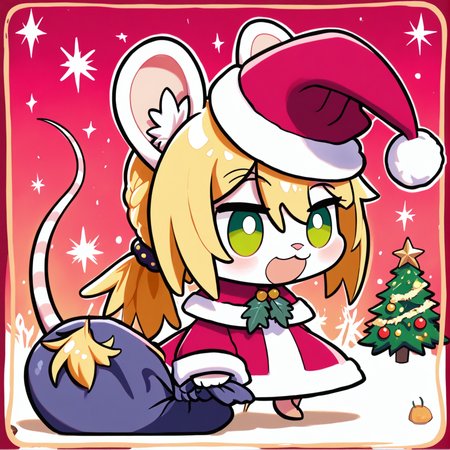 padoru <lora:padoru-IL-1.0:1>, masterpiece, perfect quality, best quality, anime coloring, 1girl, solo, padorumeme, padoru, christmas background, Chloe, 1girl, solo, long hair, blonde hair, animal ears, green eyes, furry female, mouse ears, mouse girl, mouse tail, body fur, white fur, bangs, animal nose,  <lora:Chloe_v02_PDXL:1>, score_9, score_8_up, score_7_up, score_6_up, score_5_up, score_4_up,