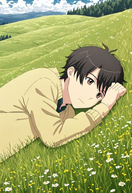 high resolution, solo, best quality, 1Boy, Inaho Kaizuka, Black Hair, Brown Eyes, relax, sleep, meadow, hill, grass hill, cloudy, OverallDetail