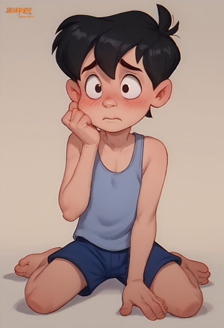 score_9, score_8_up, score_7_up, score_6_up, 1boy, solo, male, Neddiehugson, 1boy, solo,  black hair, short hair, black eyes, thin body, thin face, short stature, cute boy, blushing, shy, tank top, shorts, barefoot