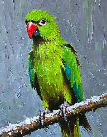 talo1 painting. oil painting.  The image is an oil painting that features a portrait of a parrot perched on a branch in the winter season. The artist has employed heavy brushstrokes, which are evident throughout the piece, giving it a dynamic and textured appearance. The colors used are quite vibrant, with the green of the parrot's feathers standing out against the darker tones of the branch and the winter landscape.
To enhance the visual impact of this painting using Flux diffusion model, several clarifications can be made. First, the brushstrokes can be further accentuated by increasing their size and intensity, which will create a more dramatic and engaging effect. Second, the use of complementary colors in the background can be expanded to include cooler tones such as blues and purples, which will add depth and contrast to the painting. Finally, the addition of subtle highlights on the parrot's feathers and the snow-covered branch will give the painting a sense of realism and make it look more lifelike.