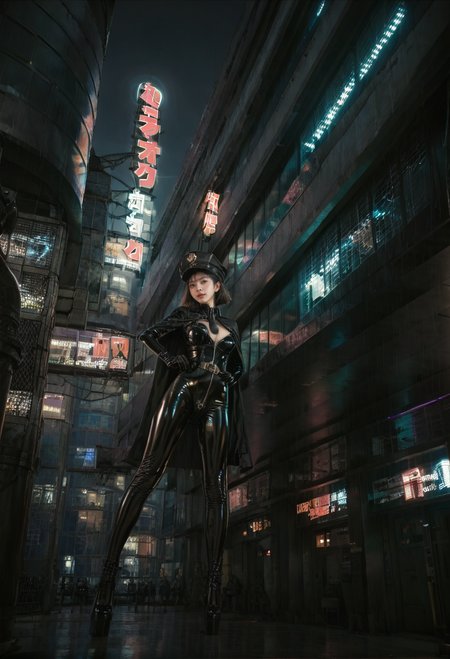 ,ruanyi0887,skyscraper,outdoors,night,neon lights,1girl,solo,spread legs,,ruanyi0848,belt,black bodysuit,black necktie,cape,elbow gloves,latex,military hat,zipper,<lora:0887 Commercial street at night_v1_pony:1>,<lora:0848 instructor_v1_pony:0.7>, score_9,score_8_up,score_7_up,,8k,1girl,solo,,