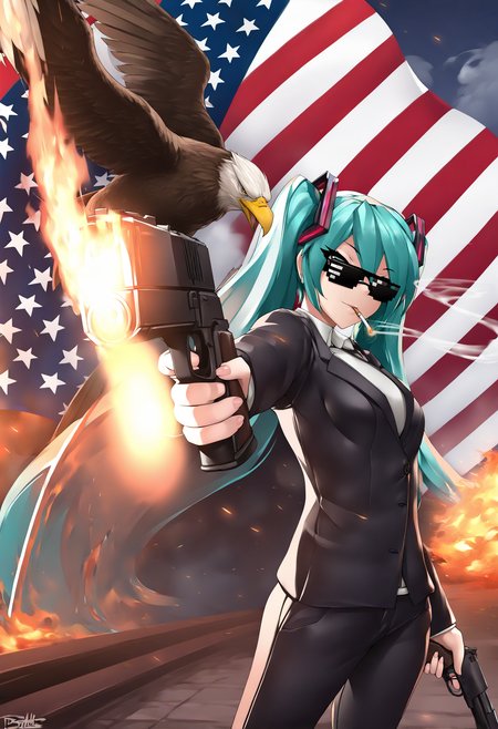 masterpiece, best quality, solo, 1girl, hatsune miku, cowboy shot, outdoors, dutch angle, american flag background, holding gun, gun, fire, eagle, dual wielding, dynamic pose, standing, bird behind head, deal with it \(meme\), sunglasses, cigarette, smoking, suit, (nephlite:0.6), foreshortening, outstretched wings,