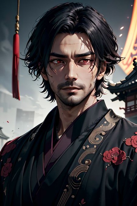 Master piece, highest quality, highest possible OverallDetail, red eyes,
Create an elder of a demonic sect.
The character looks like he is in his late twenties or early thirties. He is handsome.
He has black shoulder-length shaggy hair. 
His eyes are dark red. Detailed face. 
Martial art robes. 
Ancestral chinese village.