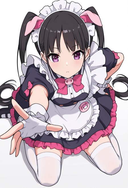Smooth Quality,masterpiece,very intricate, high quality details, ultra realistic, high detailed skin,detailed enviorement,absurdres,
 <lora:Hiiragi_Yume_Yumechi_CNR:1> hiiragi_cnr, black hair, long hair, twintails, purple eyes,fake animal ears, pig ears, hiiragi_maid_cnr,maid, maid headdress, maid apron, frilled apron, black dress, puffy short sleeves,white thighhighs, black footwear,fingerless gloves,white wrist cuffs,pink bowtie, frills,, simple background, white background, from above,solo,
kneeling, one hand on ground, reaching forward, focused, tense,  ,, x3,