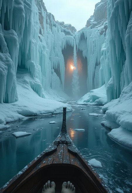First-person view from a shivering pilgrim’s position in a ceremonial iceboat, bare feet slipping on frost-slick wood. The camera spins as you pass a frozen waterfall, while the reflection of a sacred cave’s entrance shimmers in a frost-encrusted amulet. A sudden roar reveals the waterfall collapsing, mirrored in the amulet’s facets. Twist: The icefall crushes the boat’s stern, forcing you to crawl across tilting debris, while the shattering ice blooms like spiderwebs.
