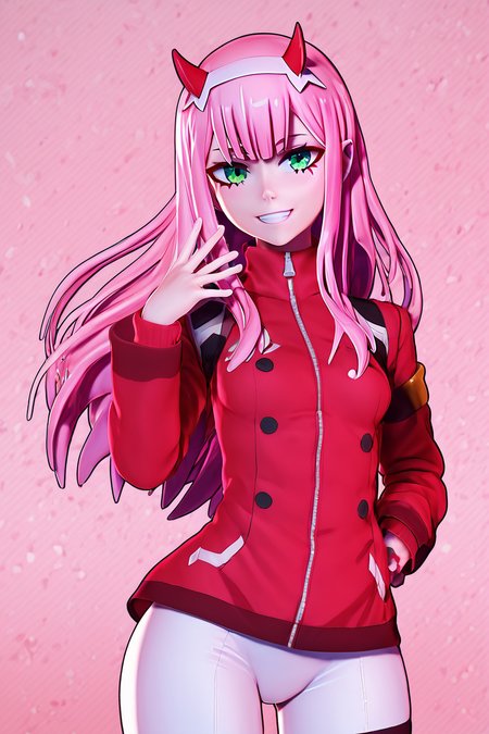 score_9, score_8_up, score_8, medium breasts, (curvy), cute, eyelashes,       BREAK, , BREAK, <lora:zero-two-ponyxl-lora-nochekaiser:0.8>, zero two, green eyes, hairband, horns, long hair, pink hair, red horns, white hairband, jacket, positive:BREAK, leggings, red jacket, white footwear,, <lora:Zy0n7_PDXL:1.0>, , BREAK,  smile, looking at viewer, cowboy shot,  embedding:zPDXL, Expressiveh, <lora:SDXLFaeTastic2400:0.5>,  <lora:Expressive_H-000001:0.4>,