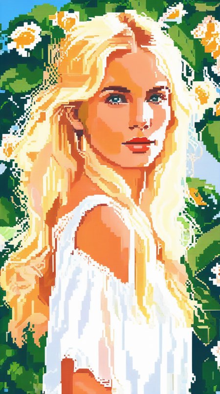 portrait of a woman with blonde hair, wearing a white summer dress, Pixel Art, highly detailed  <lora:pixel_art_lora:1>
