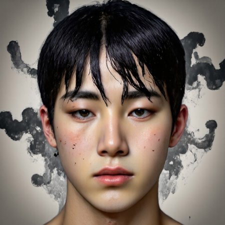 A hyper-realistic, highly detailed close-up portrait of a shirtless 20 year old Asian male. He stands in front of a cracked cement wall. A dark aura is emerging from him as an explosion of black rippling smoke directly behind him. He looks at the viewer with seduction and black eye makeup that's dripping. He tempts you with his pose but something is very scary about this man.