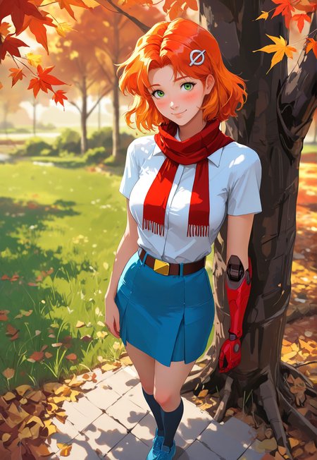 concept art anime artwork masterpiece, high_quality, highres, flat_colors, gradient, long_lashes, blush, looking_at_viewer, dynamic_angle,
 <lora:yanchik:1> yanchik, 1girl, solo, short hair, orange hair, green eyes, shirt, single mechanical arm, looking at viewer, white shirt, red hair, short sleeves, breasts, prosthetic arm, skirt,
yanchik, 1girl, green eyes, skirt, solo, orange hair, white shirt, shirt, smile, mechanical arms, from above, blue skirt, single mechanical arm, outdoors, autumn leaves, breasts, socks, tree, full body, bangs, leaf, blush, multicolored hair, closed mouth, red scarf, looking up, blue footwear, prosthesis, short sleeves, standing, grass, belt, hair ornament, shoes, medium hair, kneehighs, maple leaf,
, 1girl,detailed hands, backlight, blurry background, depth of field, absolutely eye-catching, bokhe, blurry background, dynamic angle,rtx, ray tracing, sexy,pinup:1.2,depth of field, cinematic, (masterpiece, best quality), safe, amazing quality, very aesthetic, absurdres, highres, newest, RAW,, <lora:nhl-001:1> nhl-001, limited palette, realistic . anime style,  vibrant, studio anime, highly detailed . digital artwork, illustrative, painterly, matte painting, highly detailed
