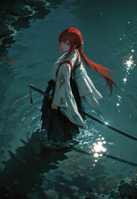 aetrnm2, weapon, sword, solo, long hair, japanese clothes, 1girl, katana, holding weapon, holding, water, standing, hakama, holding sword, blue eyes, red hair, sheath, kimono, wading, night, long sleeves, ahoge, from above, kodachrome, masterpiece, best quality, highest quality, aesthetics, newest, 4k