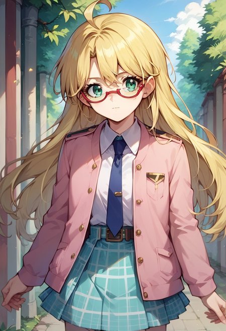 score_9, score_8_up, score_8, score_7_up, source_anime, rebeccahawkins, green eyes, blonde hair, long hair, ahoge, bangs, glasses, uniform, necktie, pink jacket, plaid skirt, skirt, short skirt, zettai ryouiki