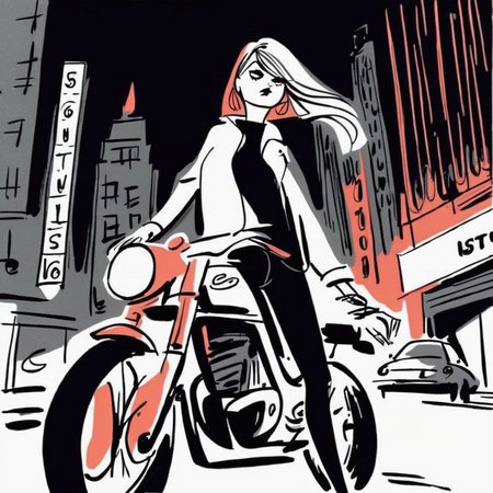 drawix23  girl on a motorcycle rides a city street at night, neon lights and street lights,  very detailed<lora:drawix23:1>