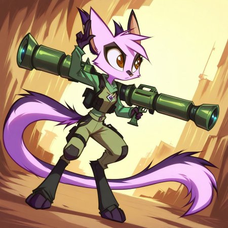 Dreamkeepers,1girl,Prelude_Vi,solo,furry,tail,source_furry,hazel eyes,
holding Rocket Launcher, with a rocket shaped as a FIST with the one finger salute, nick named "Panzerfaust-fick-dich