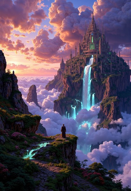 "A stunning, otherworldly fantasy landscape with floating islands covered in lush greenery, glowing waterfalls cascading into misty clouds below. A majestic sunset sky filled with vibrant hues of pink, orange, and purple, with soft ethereal light casting a magical glow. Majestic ancient ruins with glowing symbols stand on a cliffside, surrounded by bioluminescent plants. The atmosphere feels serene and dreamlike, with a sense of wonder and mystery. Ultra-detailed, 4K ultra HD resolution, cinematic lighting, high contrast, and photorealistic textures."