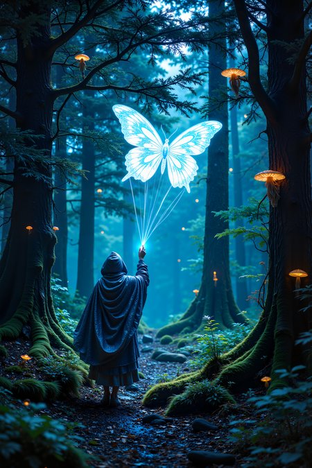In the heart of a luminescent forest, a hooded wanderer dressed in layered, iridescent robes lifts a bioluminescent kite into the air. The kite, resembling a giant, glowing butterfly with delicate, fractal-patterned wings, casts intricate light patterns on the moss-covered ground. Tall, ancient trees with intertwined roots and softly glowing fungal accents frame the scene in a painterly, double-exposure style, where vibrant greens and electric blues merge seamlessly.<lora:FluxMythR3alisticF:0.4><lora:midjourney_whisper_flux_lora_v01:0.4><lora:aidmaMJ6.1-FLUX-V0.1:0.4><lora:Movie_Portrait:0.4><lora:Flux DetailerV2:0.4>