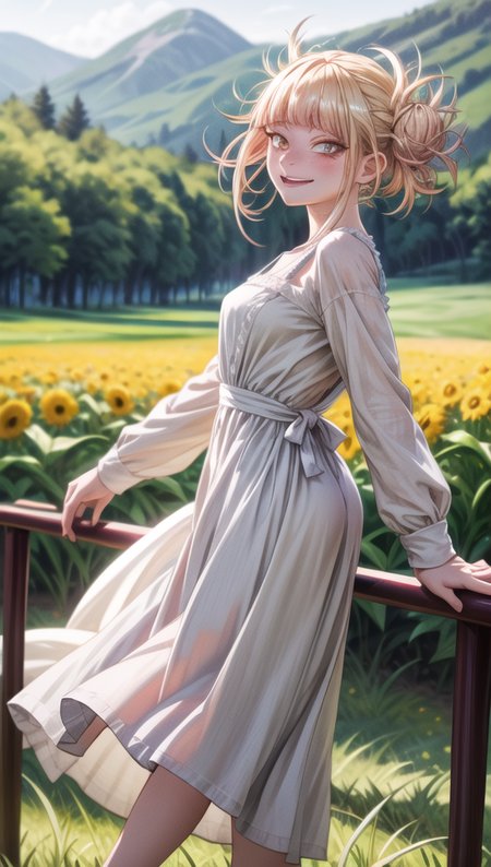 masterpiece, ultrarealism,
1girl, (((white dress, dress, cute dress, linen dress, long dress))), (perfect hands:1.2), Solo,  portrait, closeup, view from the back, blond hair,  look at the viewer, cute smiling, amazing eyes, detailed eyes, <lora:GoodHands-vanilla:1>,
dazzling rays of the sun, day, amazing background, stands in the center, best shadows, strong depth of field, fields, hill, greenery, grass,
(realistic:1.3), epic realistic, detailed, 4k, <lora:TogaHimikoLoRA:1>, <lora:add_detail:1.0>,