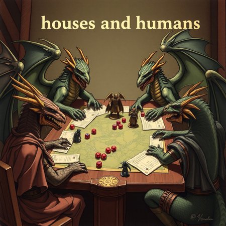 Dragons sitting around a table playing board game DnD, dice figures map papers on the table, text: "houses and humans"