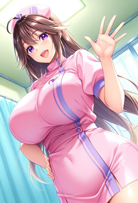 general,highres, ultra-detailed,very aesthetic,best quality ,best hands,best eyes,easynegative,
dynamic anglre, dutch angle, anime cloring,
1girl solo,looking at viewer,indoors, hospital, waving hand, hand on hip,smile, open mouth, 
Hinata Agano,brown_hair, long_hair, ahoge, purple eyes, huge_breasts,pink nurse costume,