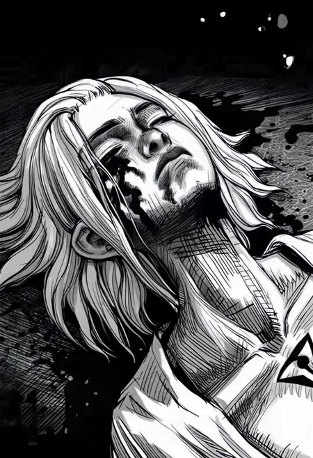 monochrome, greyscale, 1boy, male focus, solo, closed eyes, collarbone, lying, on back, medium hair, blood <lora:odysseasXL_NBVP1_lokr_V6311PZ:0.95>