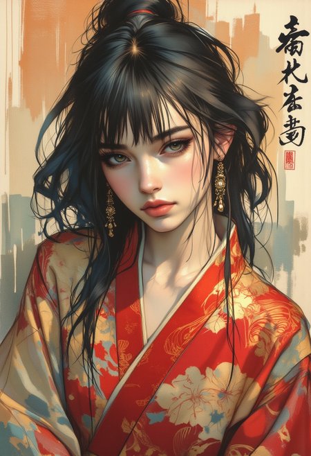 OBxiaoxiang, inksplash portrait of stunning oriental princess stting outside shinto shrine, long hair, sidelocks, bangs, hair ribbon,  earrings, necklace, choker, red and gold cheongsam, direct gaze, light hitting one side of face, gradient colour background, Japanese kanji