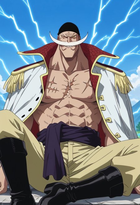 score_9, score_8_up, score_7_up, source_anime, rating_safe, Whitebeard_electricity, lightning, white_Whitebeard_facial hair, smile, black_Whitebeard_head bandana, yellow_Whitebeard_eyes, WhitebeardOP, 1boy, male focus, anime screencap, white-yellow-red_Whitebeard_jacket on shoulders, yellow_Whitebeard_epaulettes, Whitebeard_scar on chest, dark purple_Whitebeard_cloth belt, light yellow_Whitebeard_pants, sitting, black_Whitebeard_boots,