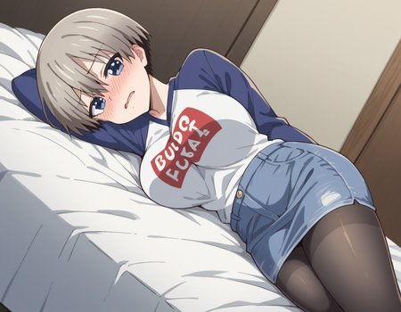 score_9, score_8_up, score_7_up, source_anime,
hanauzaki, <lora:hana-uzaki-s1-ponyxl-lora-nochekaiser:0.8>,
hana uzaki, short hair, blue eyes, large breasts, grey hair,
skirt, shirt, pantyhose, black pantyhose, denim, clothes writing, raglan sleeves, denim skirt, romaji text,
indoors, bed, bed room, on side, blush, drunk,
looking at viewer, cowboy shot, solo, dutch angle,