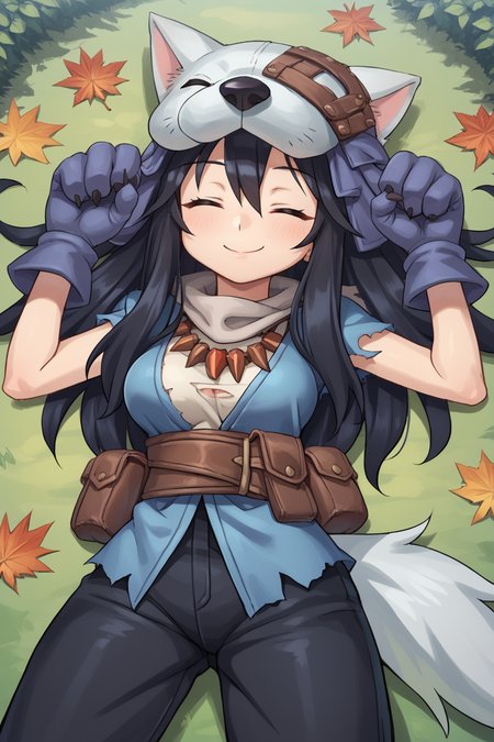 score_9, score_8_up, score_7_up, score_6_up, source_anime, BREAK, <lora:FlunkyPonyXL:0.75> , fludef, 1girl, black hair, long hair, closed eyes, wolf hat, wolf hood, wolf pelt, wolf tail, grey scarf, bandana around neck, necklace, tooth necklace, fur trim, blue vest, torn clothes, paw gloves, smile, closed mouth, looking at viewer, happy, scenery, exterior, outdoors, (on back), laying on leaves, resting, sleeping, (solo), breasts, <lora:backgroundsetXL:0.25> , background,   <lora:mngmst_pdxl6:0.7> , mngmst_style,