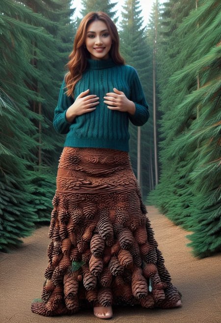 dawn, dark pine forest, colorful dress, perfect picture, (anatomically correct:1.6), score_9, score_8_up, score_7_up, score_6_up, score_5_up, score_4_up, UHD, 8K, masterpiece, detailed, ultra_high_resolution, lots of detail, OverallDetailXL, detailxl, Sci-fi Environments, epiCPhotoGasm-colorfulPhoto. style-empire, colorful style, 1woman, curvy, narrow waist, full lips, (red lips), flowing hair, (natural  eyes:1.3), full smile, mature female, milf, motherly. 32 years old, fir needles, fir needle style, fir needle, (long skirt made out of fir needles:1.5), (long skirt:2.2), (fully dressed:2), (covered body:1.8), (fully covered breasts:1.5), high neck closure, add-detail-xl, short puffy sleeves, Cambodian woman, long hair, light brown hair, small waist, wide hips, high cheekbones, golden glow, (Auntie Flatts:1.12), (sweater made out of pine cones:2.7).