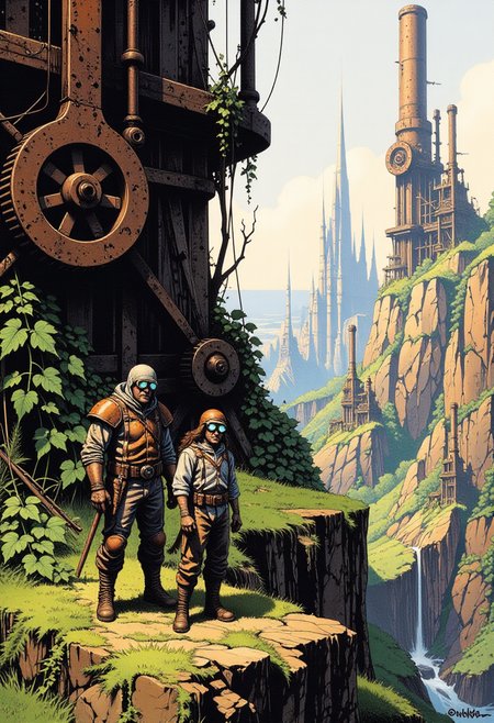 An illustration inspired by The Keepers of the Maser by Massimiliano Frezzato captures a rich blend of futuristic machinery and natural elements, set in a fantastical post-apocalyptic world. The scene is dominated by towering, rusted mechanical structuresâmassive gears, turbines, and crumbling towersâovergrown with lush vegetation. Vines wrap around metallic beams, and large trees rise through gaps in the ruined architecture, their roots intertwining with the decaying metal. In the background, jagged cliffs and rolling hills blend into a misty horizon, where distant mechanical citadels stand silhouetted against a muted sky.
The characters, drawn in a highly detailed, expressive style, wear ragged clothing mixed with remnants of advanced technologyâsteampunk-like goggles, patched armor, and mechanical prosthetics. They appear both resilient and weary, navigating this hybrid world of organic and mechanical decay. The color palette is earthy with muted greens, browns, and rusted reds, contrasted with the occasional flash of glowing blue or green from the remnants of ancient machinery still sparking with energy. The mood is melancholic yet full of wonder, hinting at lost civilizations and the mystery of forgotten technology.