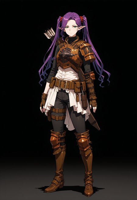 masterpiece, best quality, highly detailed, ultra-realistic, score_9, score_8_up, score_7_up, score_6_up,
1woman, solo, sporty female, mature girl, big woman, warrior women,  Imina, slim, elf, twintails, long face, nice skin, long hair, purple hair, green eyes, looking at viewer,
aesthetic, pauldron, light armor, brown leather armor, fingerless gloves, circle breastplate, quiver, black turtleneck, red scrunchies, belt, pouch, black pants, armored knee pads, boots, hip belts, classy, elegant, stylish,
tall woman, nice hips, detailed eyes, detailed face, empty hands, (full body),
fit, toned, stands proudly, outdoors, (black background:1.2), <lora:Imina_Overlord:1.5>