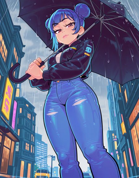 ,1girl,solo, brown eyes, blue hair, short hair, double bun, side hair, black jacket, blue pants, jeans denim, standing, low angle, looking down at viewer, closed mouth, lips, perched lips, holding umbrella, raining, rainy day, rain drops, black umbrella, dynamic, city sidewalk, building, colorful, bold outlines, wet skin, rain falling from sky,  ,score_9_up, score_8_up,  score_7_up, score_6_up, score_5_up, score_4_up, , , , , <lora:KissClaw-Dddecadent_V2:1>
