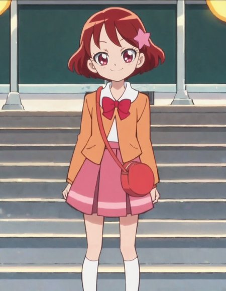 score_9, score_8_up, score_7_up, anime screencap, solo,1girl skirt, school uniform, short hair, smile, star hair ornament,  red hair, bag, kneehighs, pink skirt, red eyes, brown hair,  looking at viewer, cowboy shot, <lora:kenjoumiku:0.8>