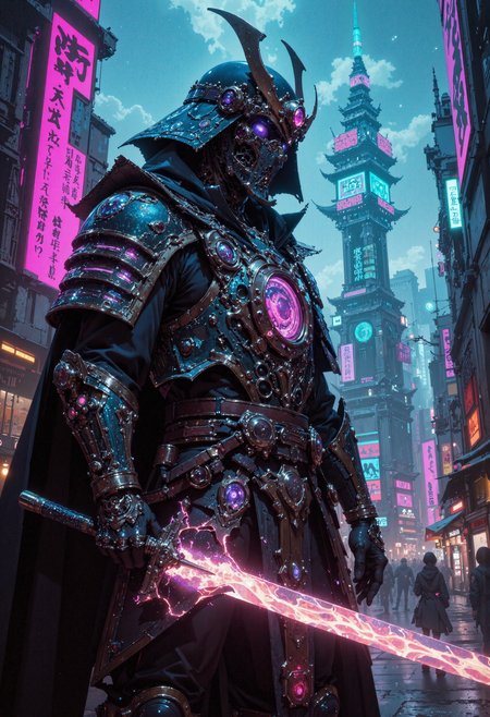 masterpiece, high-quality, A futuristic warlord in sleek samurai-inspired armor adorned with neon circuitry. His cyber-katana blazes with crackling energy, illuminating a cityscape of towering holographic pagodas. From a slightly low-angle shot, we see neon reflections dancing on his polished armor as digital kanji flicker across the sky. hyperdetailed, refined details, best quality, high resolution, <lora:FLUX\Anime v1.3:0.5> <lora:FLUX\MoriiMee_Gothic_Niji_Style_FLUX:0.6> <lora:FLUX\DarksunRiddV4:0.5> <lora:FLUX\PrismaticPersona:0.4>